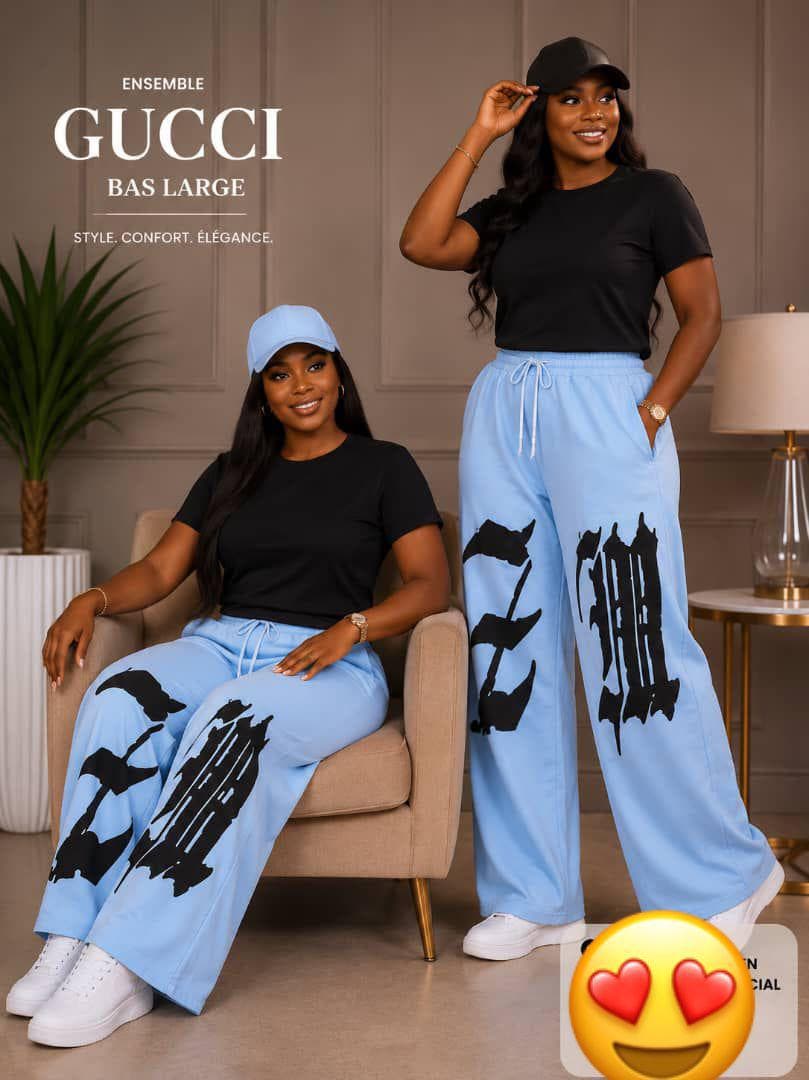 Ensemble femme top noir et pantalon bleu print
