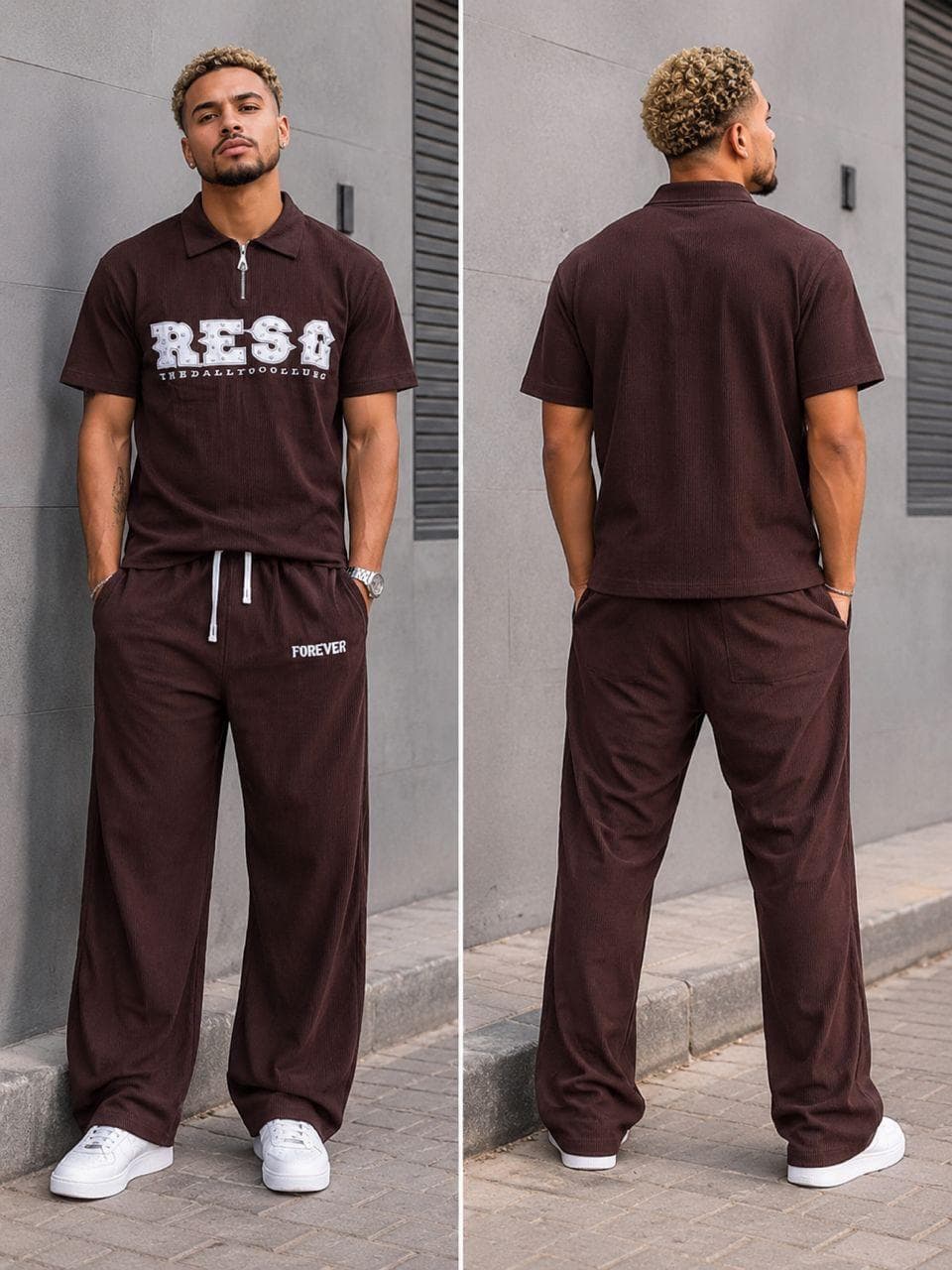 Ensemble marron polo zippé et pantalon large